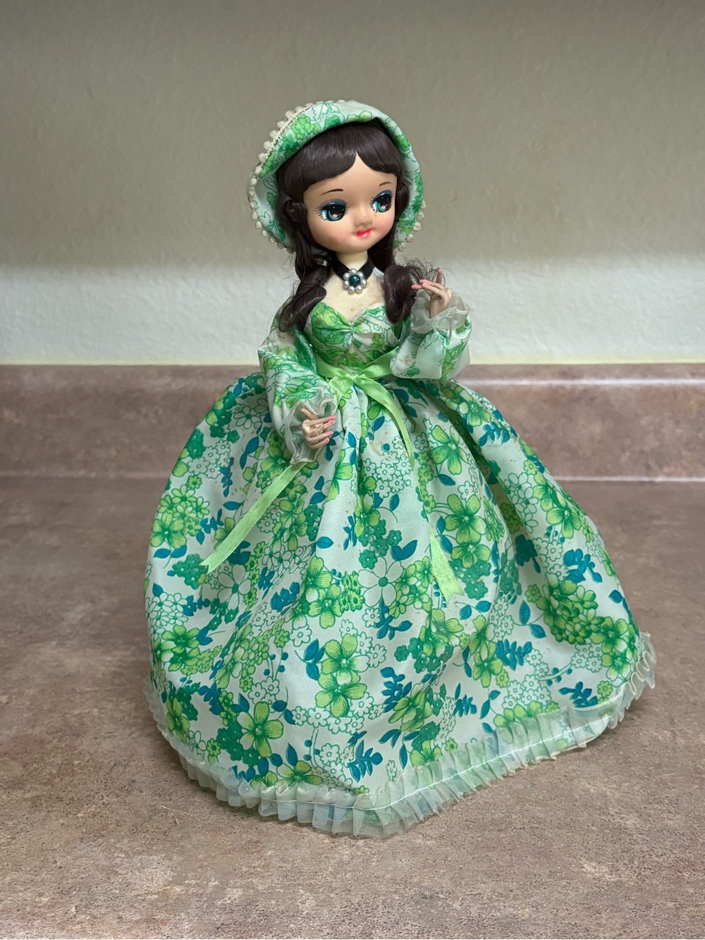 Vintage Made in Korea Colonial Style Girl Doll 12” Floral Dress Bonnet Stand